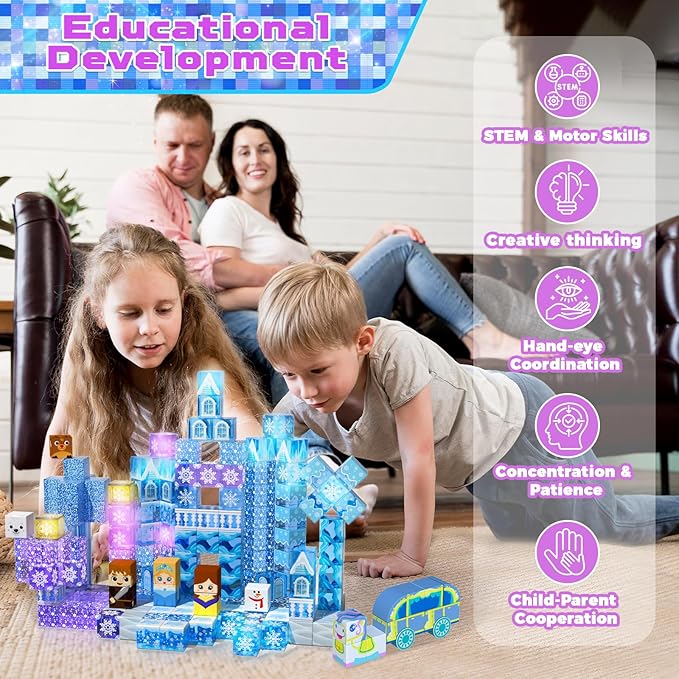 200 PCS Magnetic Blocks, Light Up & Transparent Magnetic Building Block for Blue Snow Princess Castle, Magnet Cubes Frozen Toys for Girls Age 3 4-8 8-12 Birthdays Gift for Kids, Easter Basket Stuffers