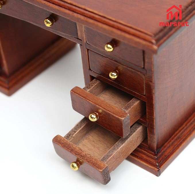 1/12 Scale Wooden Dollhouse Desk and Chair Set, Miniature Office Furniture, Computer Table Accessory, Retro Writing Simulation Doll House Accessories for Photo Props Scene