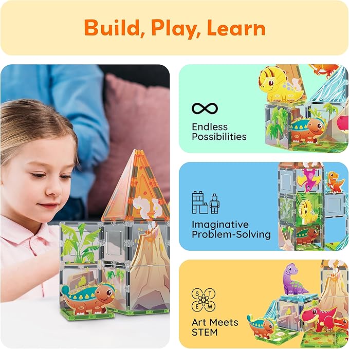 PicassoTiles Dinosaur Toys Magnet Tiles Building Blocks 8 Magnetized Action Figures Compatible Magnetic Construction Build and Play Tile Accessory Toy STEAM Educational Learning Toys Kids Ages 3+