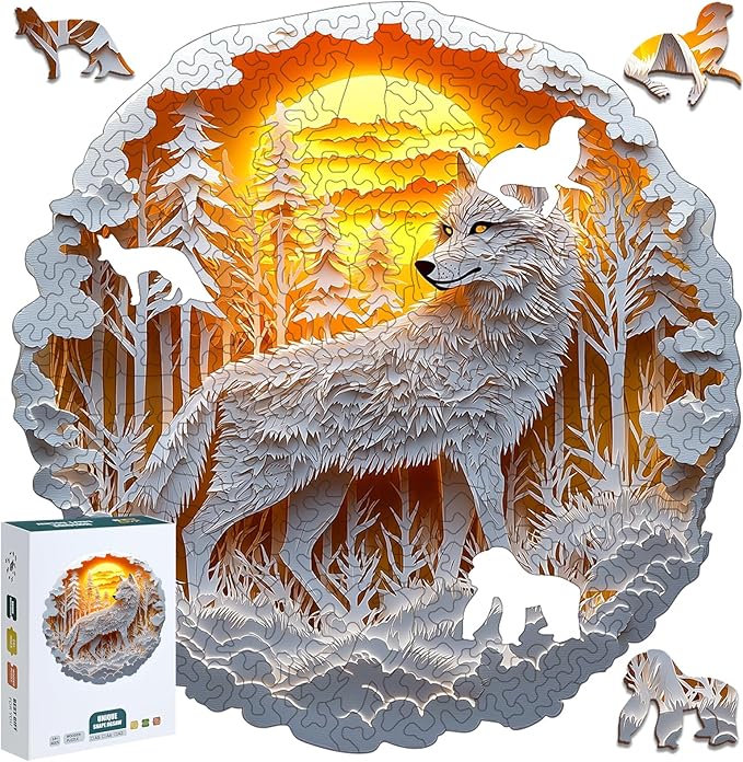 Wooden Puzzles for Adults, 210 Pieces White Wolf Sunset Forest Circular Jigsaw Puzzle, Unique Shaped Laser Cut Wood Art Puzzle, Easter Gift for Mom, for Nature Lovers