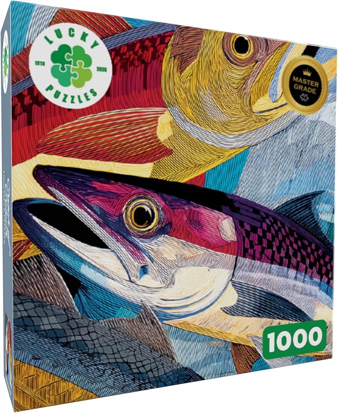 Lucky Puzzles - Catch of Colour - 1000 Piece Jigsaw Puzzle for Adults | Bold Linocut Sardine Art Puzzle | Unique Fish-Themed Brain Teaser for Puzzle Lovers