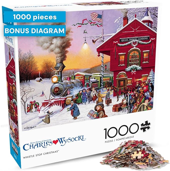 Buffalo Games – Charles Wysocki - Whistle Stop Christmas- 1000 Piece Holiday Jigsaw Puzzle - Festive Puzzles for Adults – Precision-Cut Pieces, Winter Artwork, Hours of Relaxing Fun