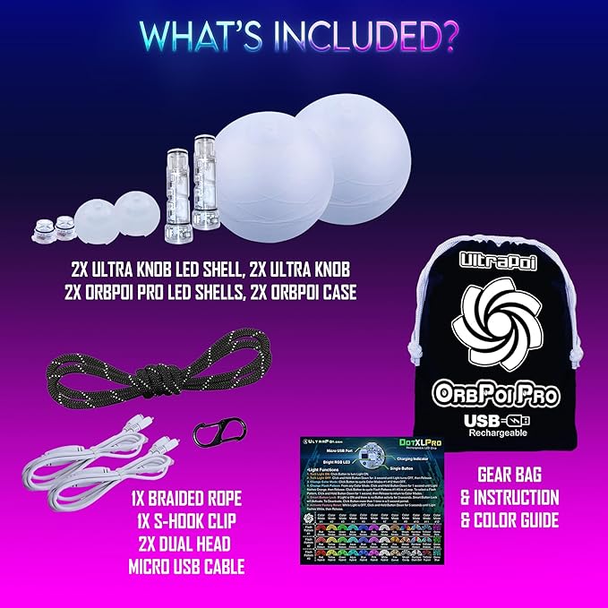 OrbPoi Pro Set - Orb Poi Pro w/LED UltraKnob Pro Handles - USB Rechargeable Contact LED Poi Balls w/40+ Color Modes & Patterns - LED Poi Spinning Balls w/Soft Durable Cases - Flow Arts Toy, UltraPoi