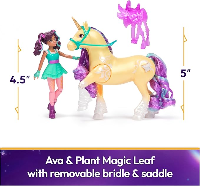 Unicorn Academy, Ava & Plant Magic Leaf with Light-up Effect, 2 Riding Accessories, Dolls & Unicorn Toys for Girls Ages 4 and up