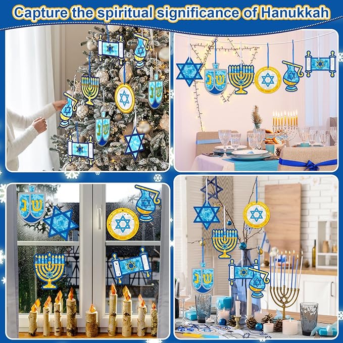 24 Sets Hanukkah Craft Kits Hanukkah Tissue Paper Crafts Chanukah Suncatchers Kits DIY Star of David Menorah Dreidel Hanging Ornaments for Chanukah Christmas Holiday Activities Party Supplies