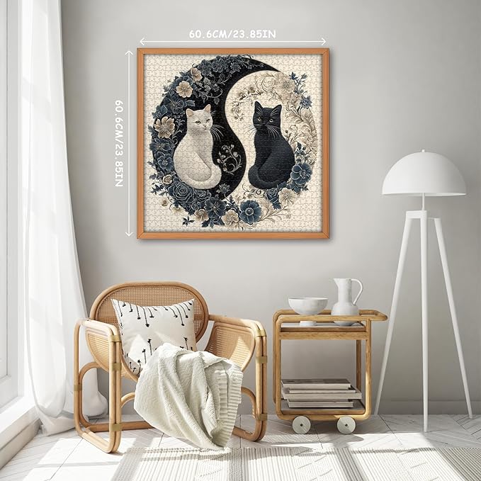 Yin Yang Cat Puzzle for Adults 1000 Pieces, Black and White Kitten Flower Animal Puzzle, Beautiful Aesthetic Art Kitty Floral Jigsaw Puzzle, Impossible Difficult Hard Challenge for Adults