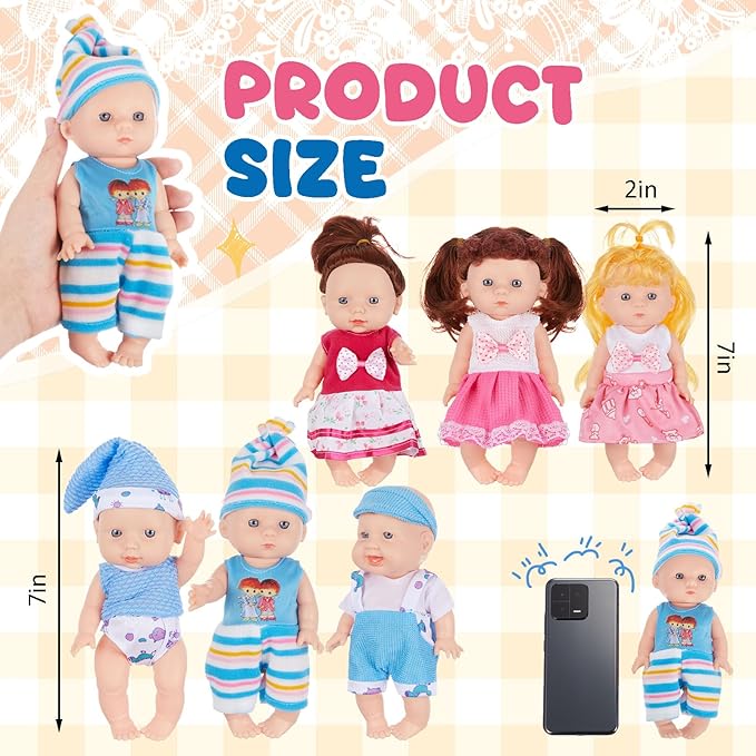 Halloscume 7 Inch Mini Baby Mini Reborn Doll Vinyl Full Body Lifelike Dolls Baby with Weighted Cloth Reborn Gift Set for Kids, Gifts for Christmas Kids(8 Pcs,Cute)