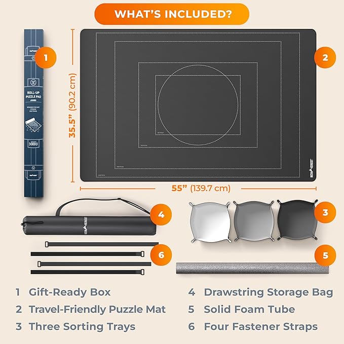 Newverest Jigsaw Puzzle Mat Roll Up, Saver Pad 55” x 35.5” Portable Keeper Up to 3000 Pieces with Non-Slip Rubber Bottom and Polyester Top + 3 Puzzle Sorting Trays, Travel-Friendly Storage Bag
