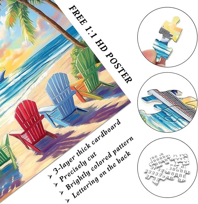 PICKFORU Beach Puzzles for Adults 1000 Piece, Rainbow Beach Lounge Chair Summer Puzzle, Colorful Ocean Jigsaw Puzzle Scenery as Coastal Wall Art