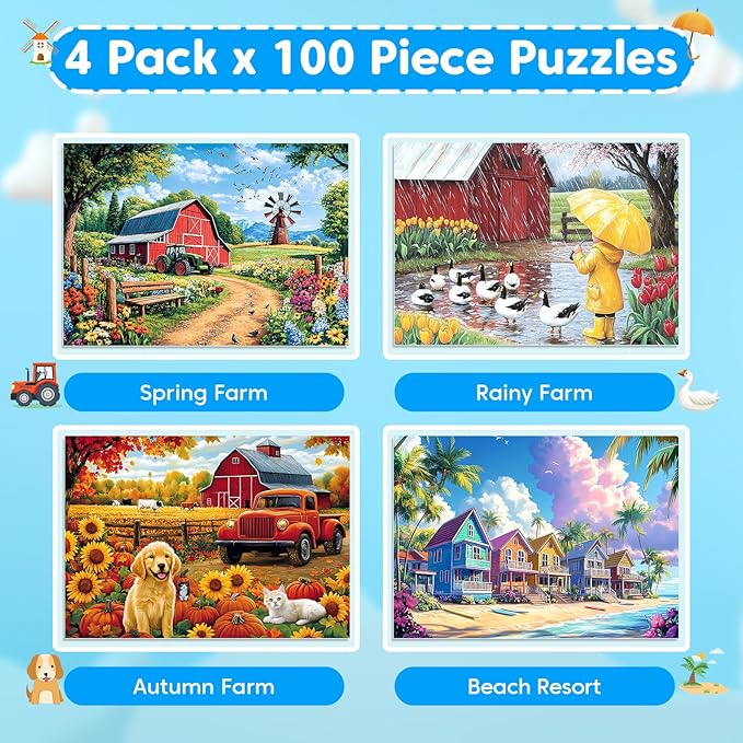 100 Piece Puzzles for Kids Ages 4-6 6-8 8-10, Farms & Beach Resort Jigsaw Puzzles for Seniors 100 Pieces Puzzle for Adults, Educational Learning Toys Gifts for Girls Boys 4-Pack 15"x11"