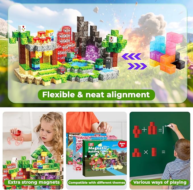 400 PCS Magnetic Blocks with Light Up Blocks - Magnetic Building Blocks, Magnetic Construction Cube Toys, STEM Sensory Learning Toys, Easter Christmas Birthday Gifts for Toddlers Boys and Girls Age 3+