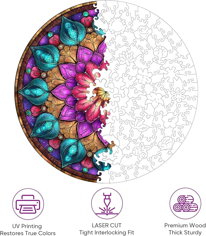 Mocfesk 500 Pieces Mandala Jigsaw Puzzles, Geometric Wooden Puzzles for Adults and Kids, Colorful Mandala Puzzles for Grandparents, Family Decor with Exquisite Wooden Box Packaging 16.5'' x 16.5''