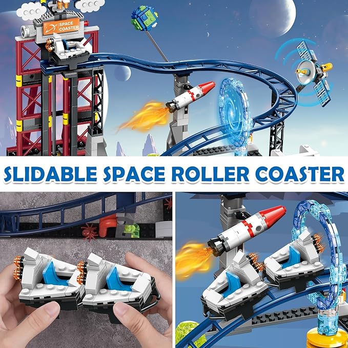 HOGOKIDS Space Roller Coaster Building Toy 926PCS Coaster Building Set Features Lift Platform, Satellites, Rocket Buildable Space Rollercoaster Adventure Park for Adults Kids Girl Boy Ages 6+years old