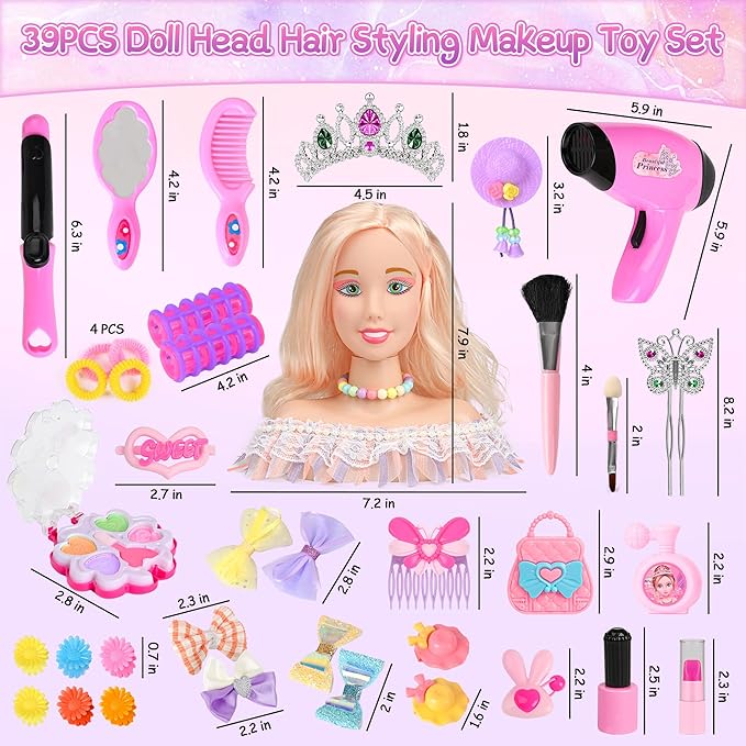 39PCS Hair Styling Doll Head Makeup Kit for Girls,Pretend Play Hair Styling Set,with Hairdryer Curling Iron Crown Hairpins Accessories Kit Birthday Gifts for 3 4 5 6+ Years Old Toy