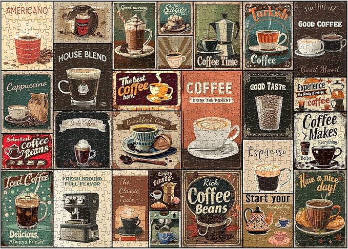 Vintage Coffee Collage Puzzles for Adults 1000 Pieces, PICKFORU Breakfast Food Jigsaw Puzzle Coffee Latte, Hard Difficult Retro Poster Theme for Home Wall Decor