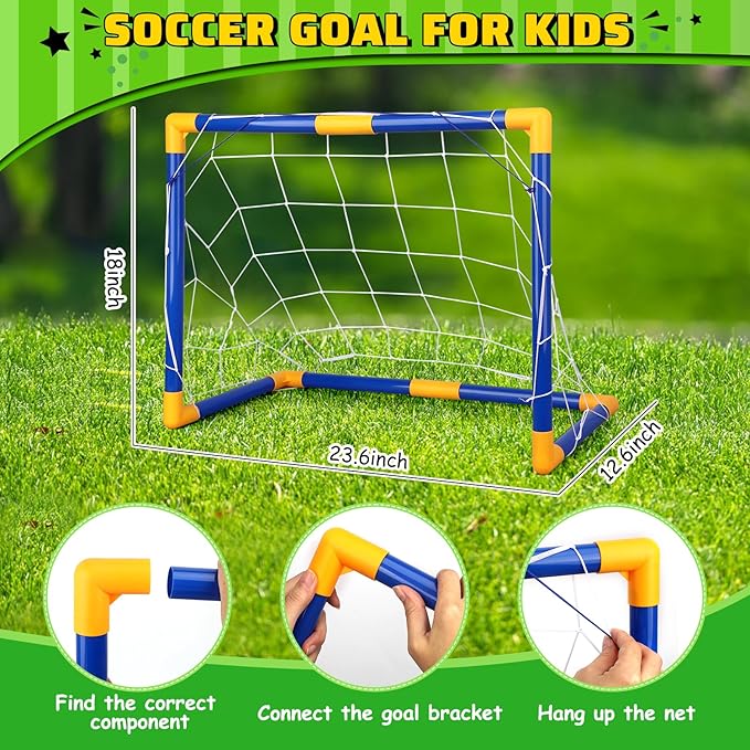 Soccer Goal Set with 3 Ball Pump for Toddler Kid, Portable Goals Training Equipment for Garden Indoor Outdoor Backyard, Birthday Gift for Boy Girl Sports Toy Family Game 23" W×18" H×12" D