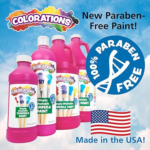 Colorations Paraben-Free Washable Tempera Paint for Kids - 8 Ounce Bottles, Set of 6 Primary Colors, Non-Toxic and Made in The USA