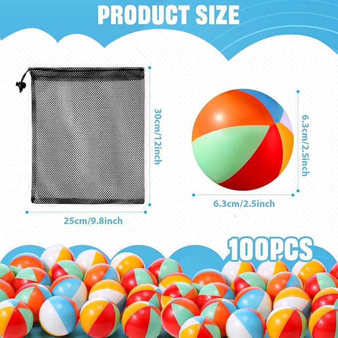 Hungdao 100 Pcs Mini Beach Stress Balls Bulk 2.5" Rainbow Squeeze Small Relief Stress Beach Balls Toys Bulk with Storage Bag for Summer Pool Water Games Hawaiian Birthday Party Favors(Fresh Colors)