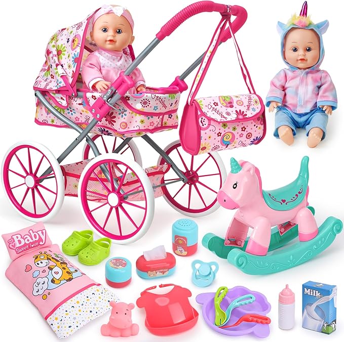 Golray 12 in Baby Doll Toys Set with Stroller for 3 4 5 6 Year Old Girl - 26pcs Babydoll with Accessories Rocking Horse/2 Clothes, Feeding Nursing Pretend Play Toddler Girl Toy Gift 3-5-7