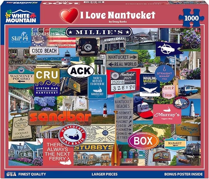 White Mountain 1000 Piece Jigsaw Puzzle State Collage Massachusetts Puzzles with Large Pieces Gift for Adults and Family 24"x30" - I Love Nantucket
