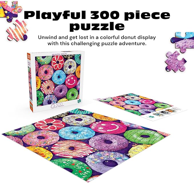 Buffalo Games - Delightful Donuts - 300 Piece Jigsaw Puzzle for Adults with Oversized Pieces - Colorful Large Jigsaw Puzzle with Fun Donut Art - Finished Size 21.25 x 15