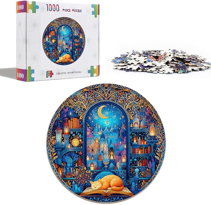 Bookshelf Cat Puzzles for Adults 1000 Pieces, Round Watercolor Jigsaw Puzzles 1000 Pieces, Impossible Difficult Hard Challenging Puzzles for Adults, Art Puzzle for Home Decor (26.5 * 26.5in)