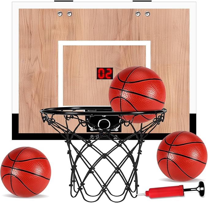 Indoor Basketball Hoop for Kids, Mini Basketball Hoops Over The Door and Wall Mount with Wooden Backboard, 3 Balls and Pump, Idea Toys Gifts for Kids and Adult