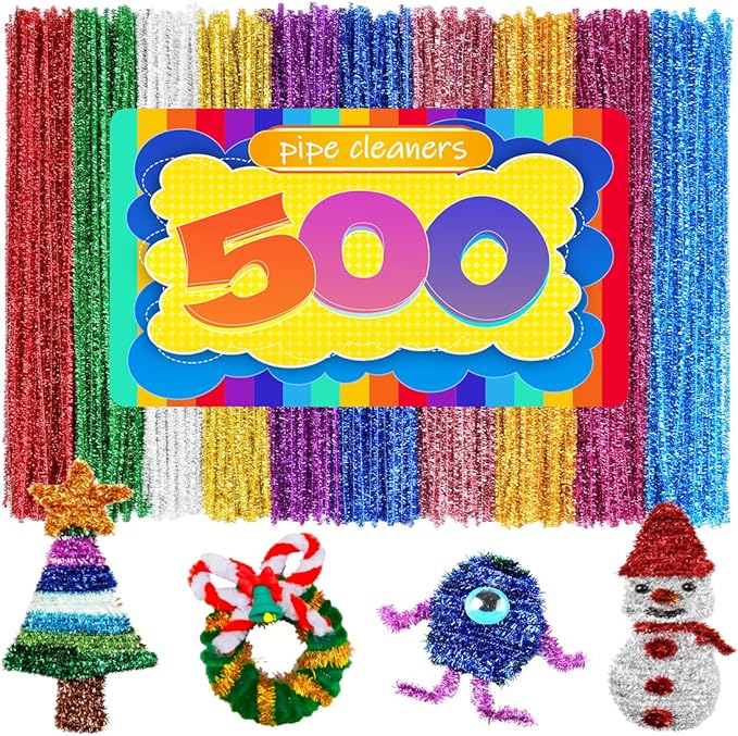 GAGANIU 500pcs Pipe Cleaners, Pipe Cleaners for Crafts, Craft Supplies Multicolor Chenille Stems for Art&Craft Christmas DIY Projects(10colors,Glitter)