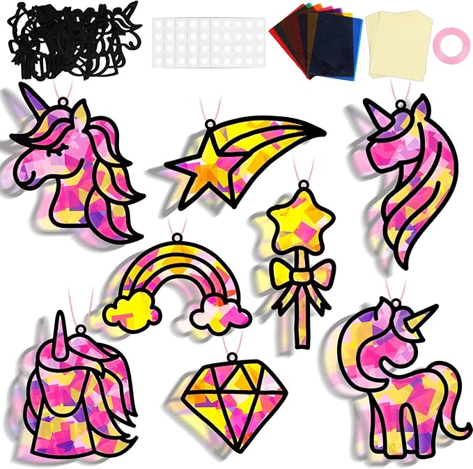 32 Sets Unicorn Rainbow Suncatchers Craft Kit DIY Window Stained Glass Effect Diamond Star bow Paper Crafts Home School Classroom Decoration Kid Birthday Gift Creative Art Project Activity Game