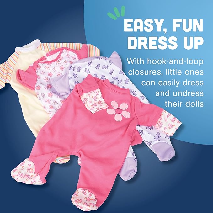 Constructive Playthings 4-Piece Sleeper Set for 12 Inch to 14 Inch Baby Dolls, Machine Washable Pajamas for Dolls, Baby Doll Accessories, Ages 2+