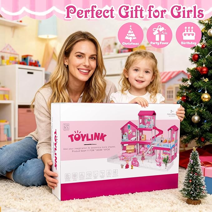 Toylink Pink Doll House for Girls, 3-Story Villa Playset with Light, 3 Dolls, Pool & Slide, Dollhouse Furniture and Accessories, Pretend Play Toddler Toys Birthday Gifts for Kids 3 4 5 6 7 8