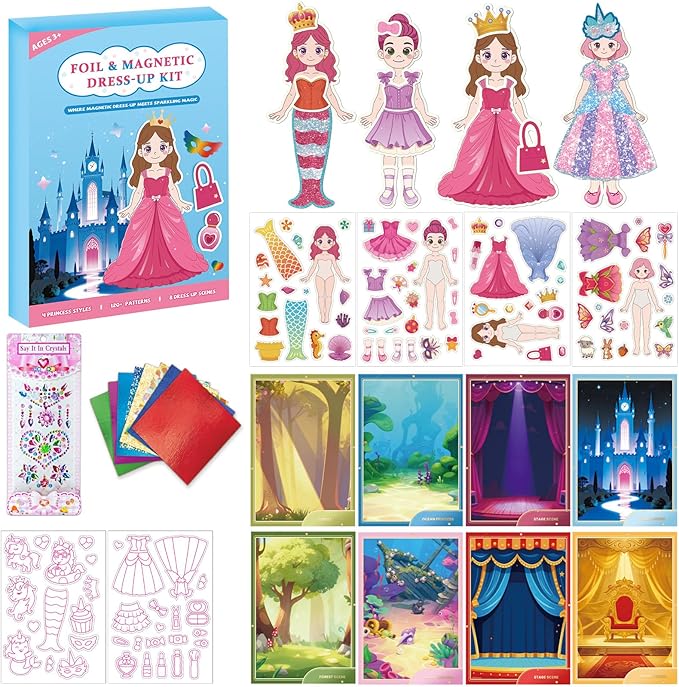 Magnetic Dress Up Dolls Girls, Princess Mermaid Fairy Ballerina Magnet Paper Dolls Kit with DIY Foil Art Craft Kit for Girls Age 4-7, Road Trip Airplane Car Activities Travel Toy Games Easter Gift