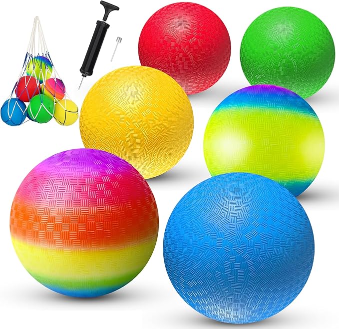 8.5 Inch Playground Balls Dodgeballs for Kids & Adults, Pack of 6 – Inflatable Colorful Rubber Kickball with Ball Pump and Net Bag