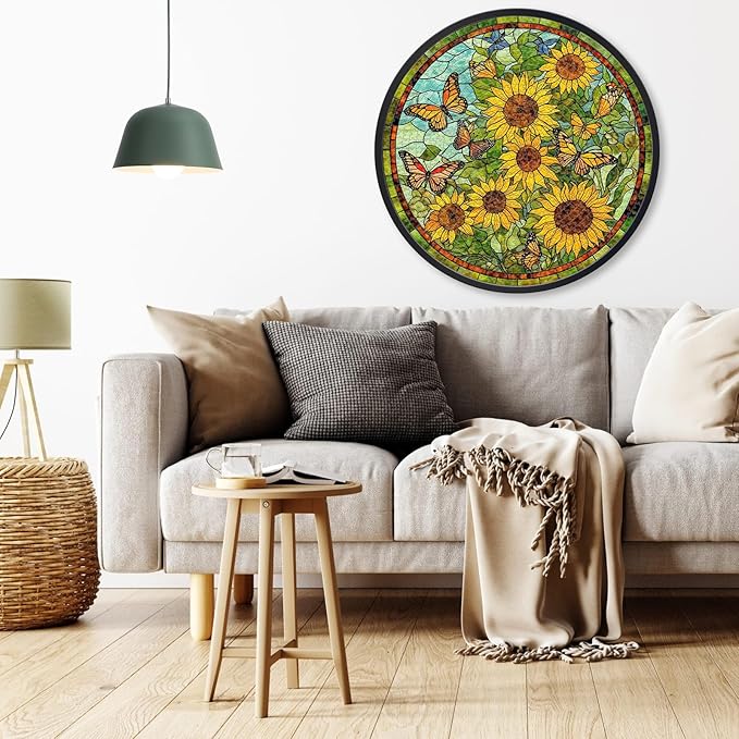 Sunflower Stained Glass Puzzles Jigsaw for Adults 1000 Pieces, Brain Challenging Puzzle for Game Night, Family, Friends, Round Puzzles Diameter 25.6 in