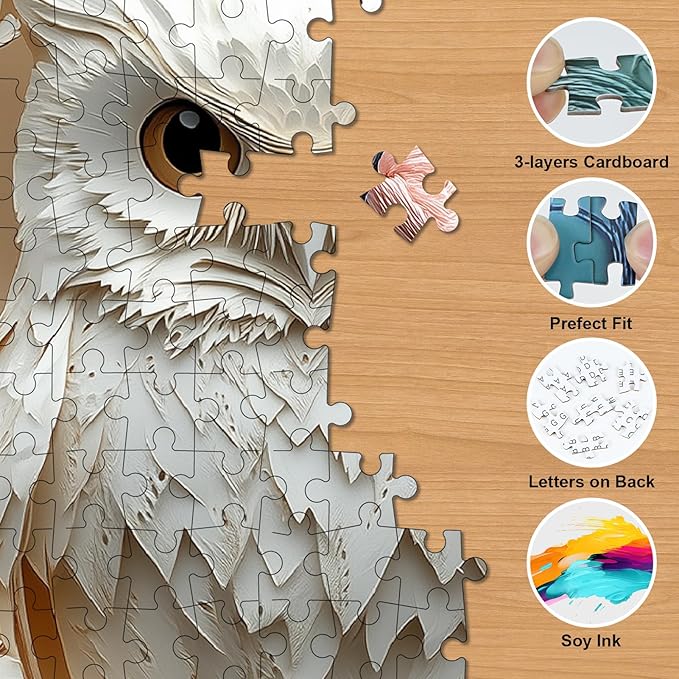 Owl Jigsaw Puzzles for Adults 1000 Pieces - Round Puzzle with 3D Stereo Visual Effect, Paper White Bird Animal Puzzles with Letters on Back, Challenging Hard Difficult Art Puzzle as Home Decor