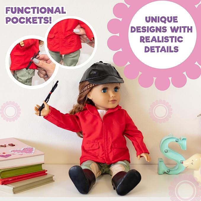 Dress Along Dolly 6pc Horseback Riding Outfit - 18" Doll Clothes & Accessories Compatible w American Girl- Equestrian Set Includes Hat, Shirt, Jacket, Pants, Boots, & Crop - Easter Basket Stuffer
