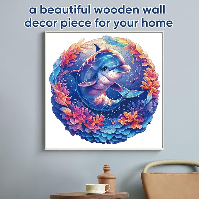 Qiuenisray Wooden Puzzles for Adults, Dolphin Baby Jigsaw Puzzles 500 Pieces, FSC Certified Unique Ocean Adult Puzzles, Irregular Wood Puzzles Creative Gift for Adults Family Game (16.2x16.5 in)