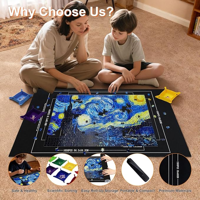 Large Puzzle Roll Up Mat with 8 Sorting Trays & Air Pump System, 46x26 Inch Portable Puzzle Storage Mat for 500 to 1500 Piece Puzzles, Includes Storage Bag