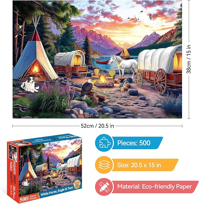 500 Pieces Puzzle for Adults, Puzzles for Adults 500 Pieces, Mountain Lake Horse Camping Jigsaw Puzzle, Home Decor Birthday Party Gift Toy, Finished Size is 20.5 X 15 in