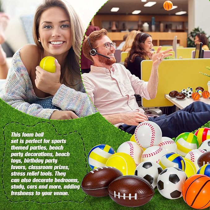 HyDren 72 Pcs Sports Stress Balls Mini Foam Sport Ball Squeeze Toy Include Storage Bag Basketball Football Baseball Soccer Tennis Volleyball for Stress Relief, Relaxation Party Favor for Boys Girls