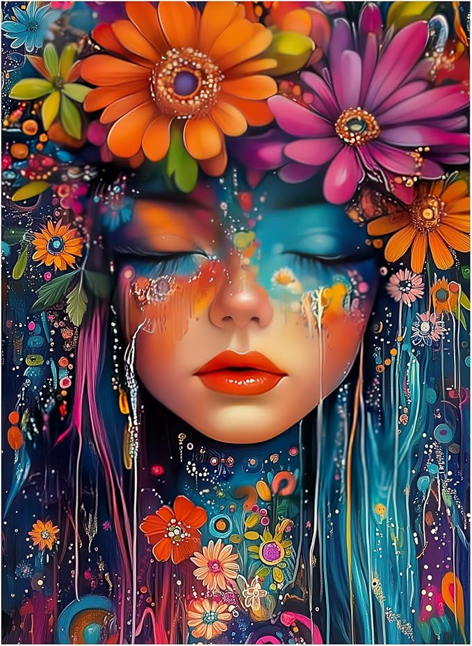 500 Piece Puzzles for Adults, Floral Art Woman Portrait Jigsaw Puzzle, Colorful Flower Decor Cardboard Puzzle with Letters on Back for Game Nights & Home Decor, 15×20 Inch