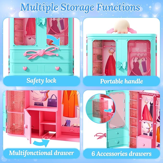 Style Shine 70 Pcs Closet Playset with Clothes & Accessories,2 Wedding Gowns 2 Casual Outfits 6 Fashion Dresses 2 Swimsuit 10 Shoes 27 Accessories 20 Hangers,Toys for Girls Kids Gifts