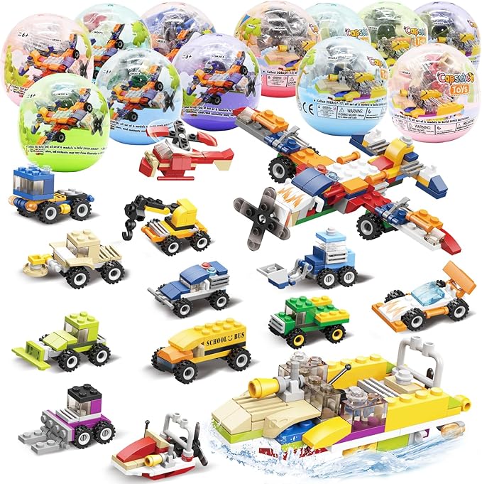 UMEELR 12Pcs Pre Filled Easter Eggs with Vehicles Building Blocks, Egg Surprise Toy for Easter Hunt, Easter Basket Stuffers