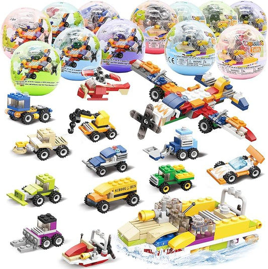 UMEELR 12Pcs Pre Filled Easter Eggs with Vehicles Building Blocks, Egg Surprise Toy for Easter Hunt, Easter Basket Stuffers