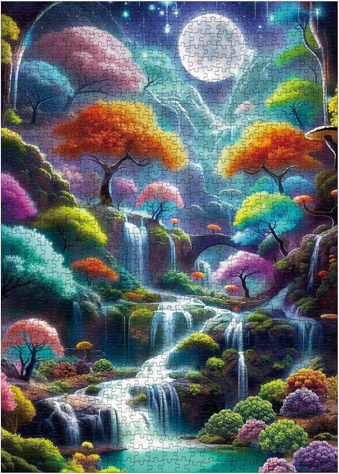 Magic Forest Landscape Puzzles for Adults 1000 Pieces, Nature Waterfall Moon Jigsaw Puzzle, Colorful Tree Scenic Puzzle as Home Decor