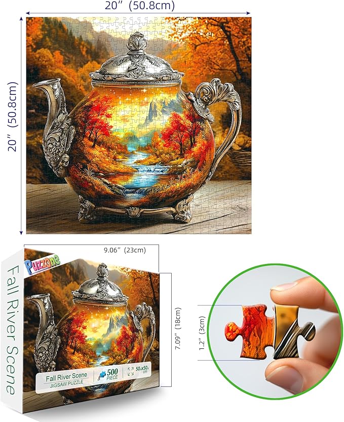 Vintage Autumn Landscape Teapot 500 Piece Puzzle for Adults Whimsical Fantasy Mountain River Nature Scenery Art with Letters on Back Challenging Games Gifts for Seniors & Families- 20x20 Inch