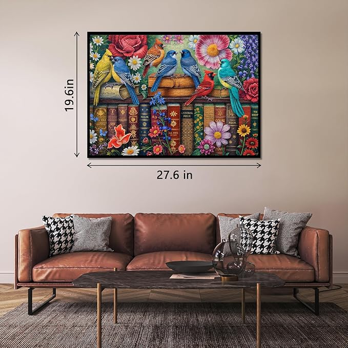Flower Birds Puzzles for Adults 1000 Pieces, Wildflowers Bookshelf Jigsaw Puzzles, Challenging Spring Animal Puzzle as Home Wall Art Decor