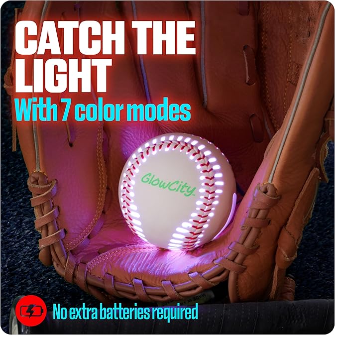 GlowCity Premium Leather LED Rechargeable Light-Up Baseball - Illuminate the Game - Nighttime Fun and Play - Sports Stuff & Gadgets for Kids Age 8 Years Old and Up - Catch Only
