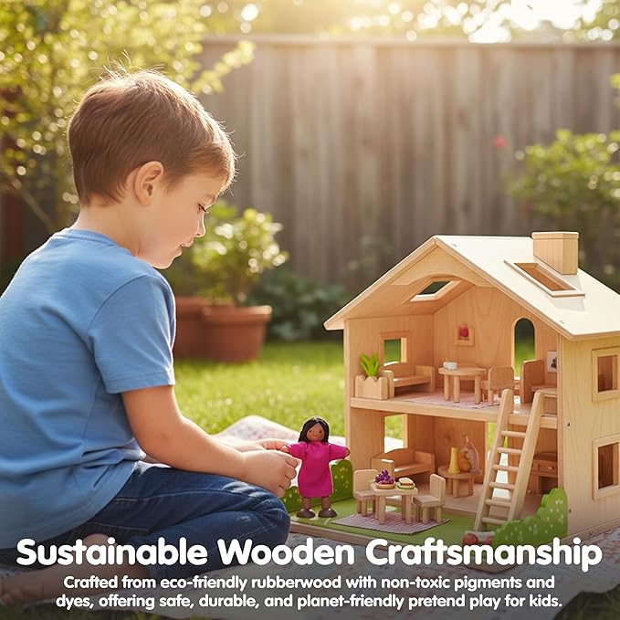 PlanToys® Girl Wooden Dollhouse Figurine | Poseable 1:12 Scale Mini Doll (4 Inch) | Dollhouse Accessories for Pretend Play | Eco-Friendly Montessori Toy for Kids Ages 3+