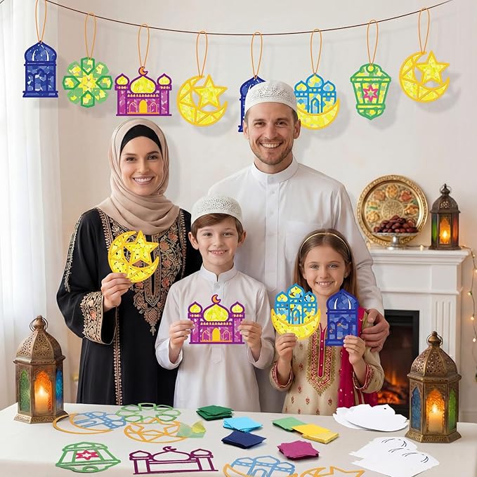 Feifeiya 24 Set Ramadan Crafts - DIY Ramadan Suncatcher Tissue Paper Craft Kit Eid Mubarak Crafts Bulk for Eid Al-fitr Activities Ornaments Hanging Decorations Party Gifts Favors Supplies